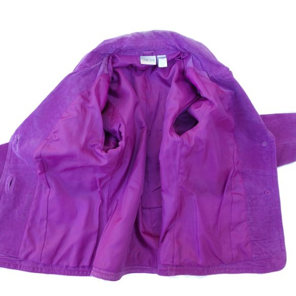 Chicos Suede LeaTHeR Jacket Raspberry Pink Poly Lining 1 M 8 - Picture 9 of 10